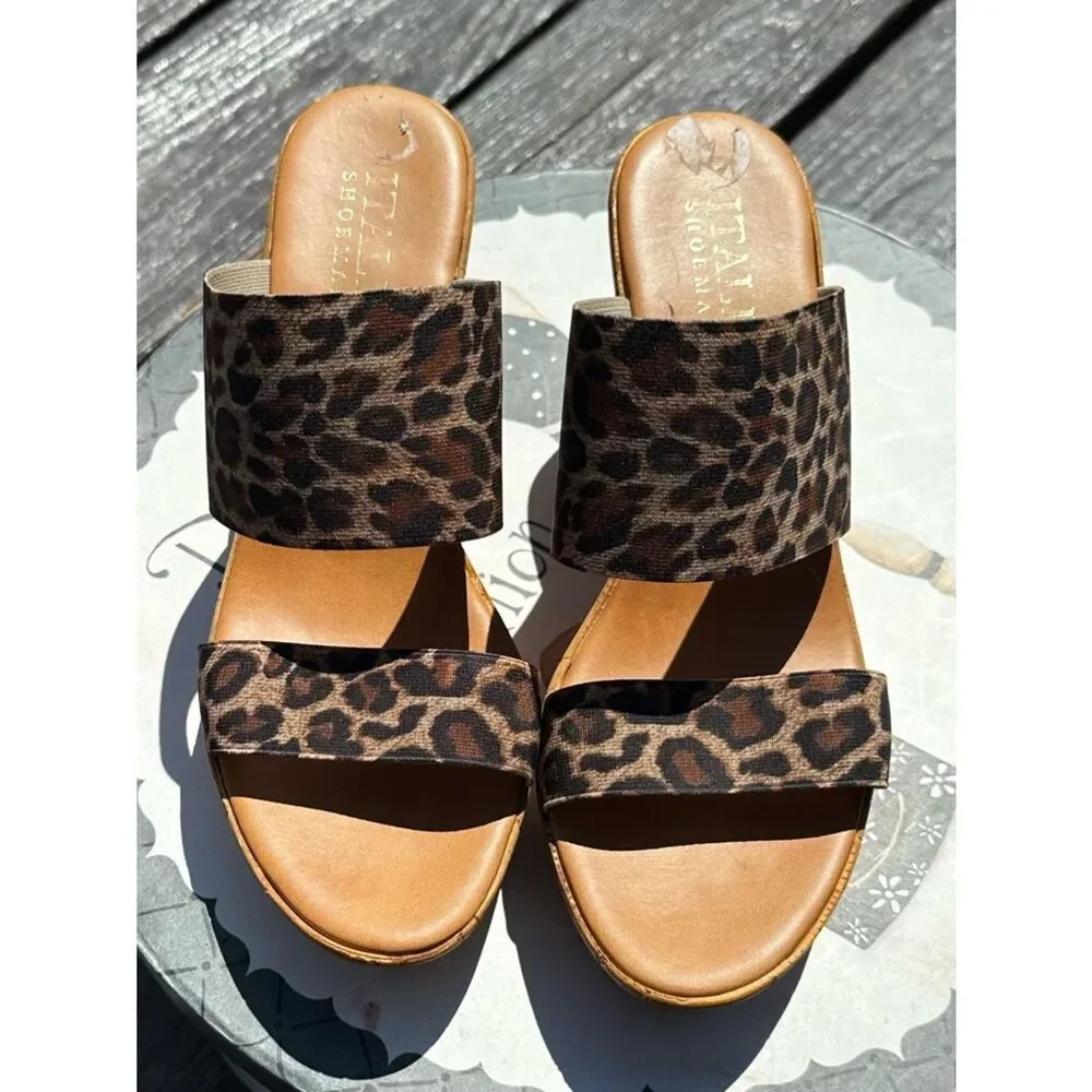 Italian Shoemakers Leopard-Print Cork Wedge Slides